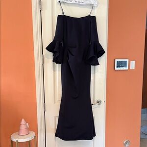 Jovani Strapless Navy Dress with Ruffled Sleeves